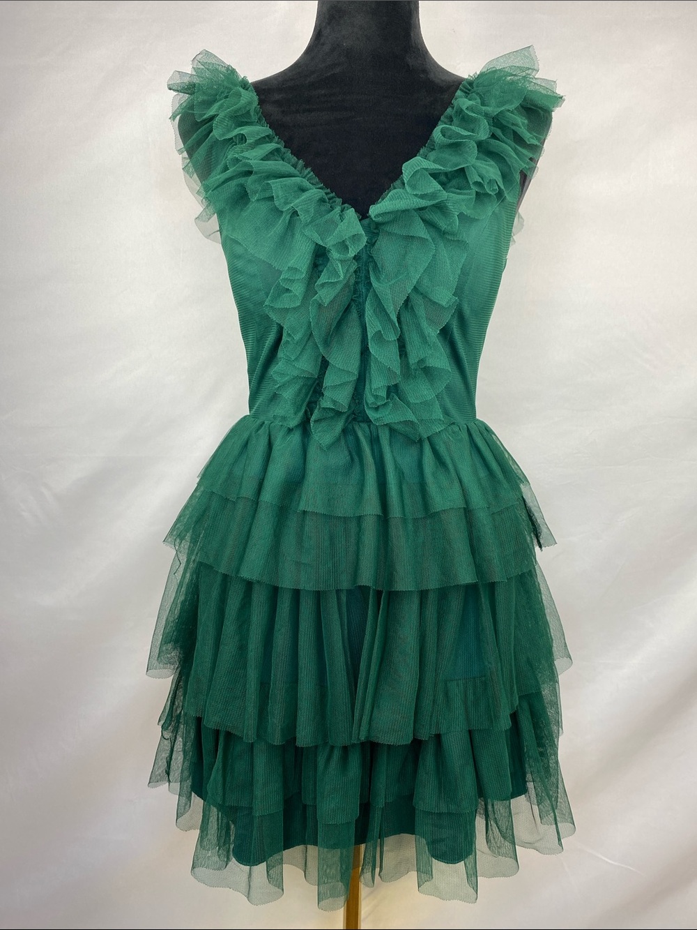 City Studio Emerald Green Tiered Tulle Ruffle Mini Dress Open Back Women’s Small